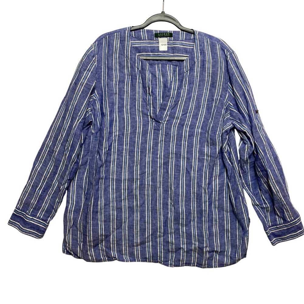 Lauren Ralph Lauren Linen Top Womens XL Blue Striped Roll Tab Sleeve Tunic Boho